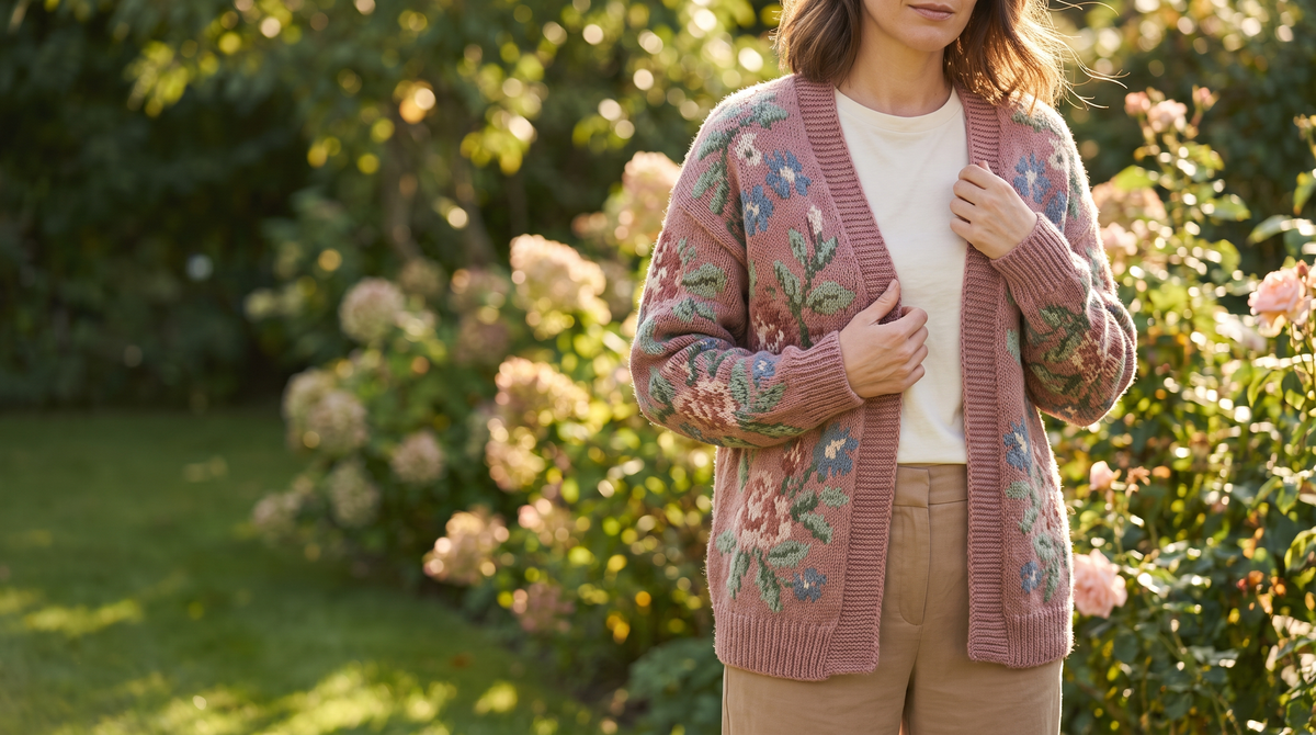 Woman wearing a floral print knitted cardigan in a sunlit garden