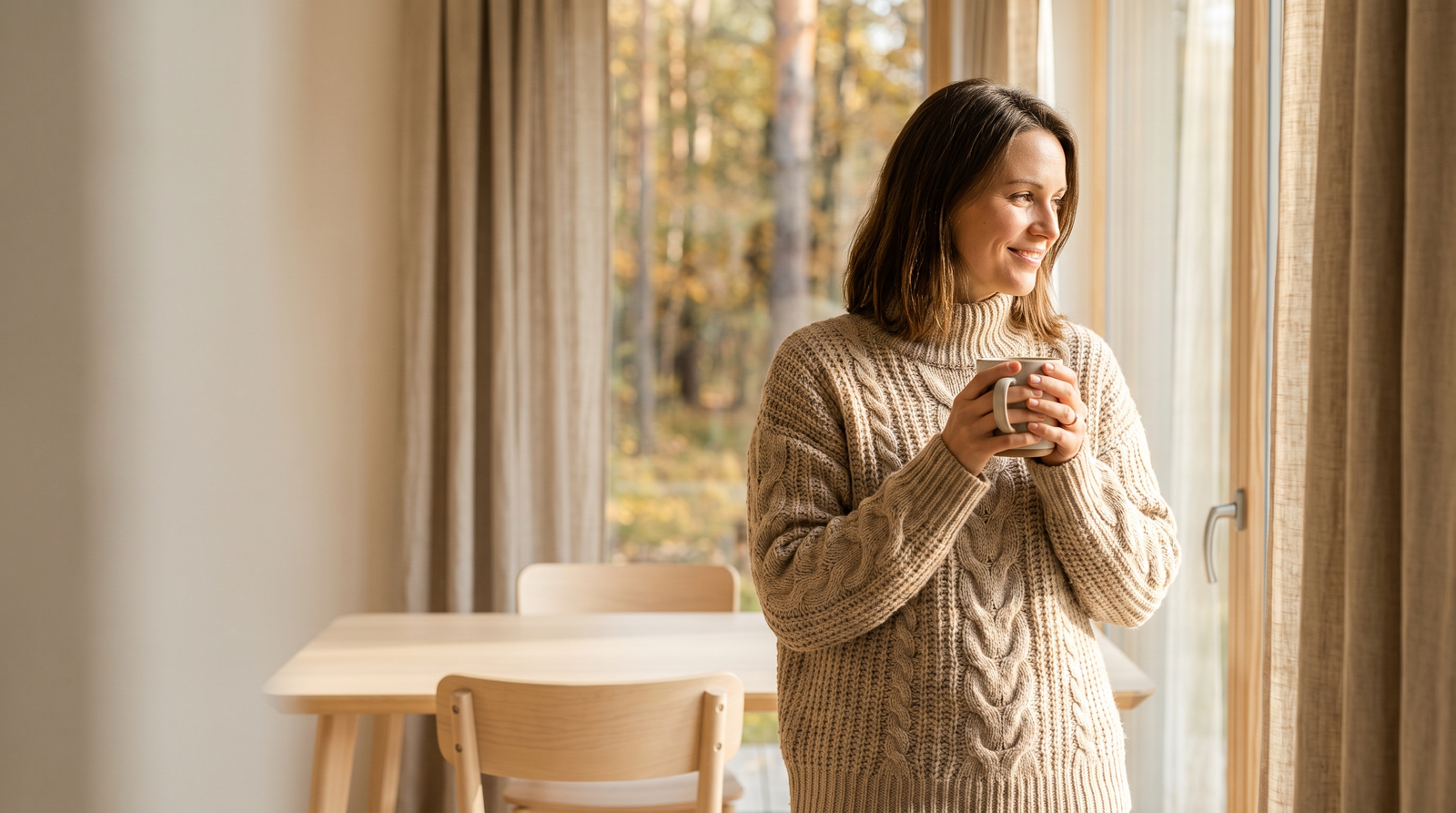 Woman in an oversized cable-knit sweater holding a mug by a window in autumn light