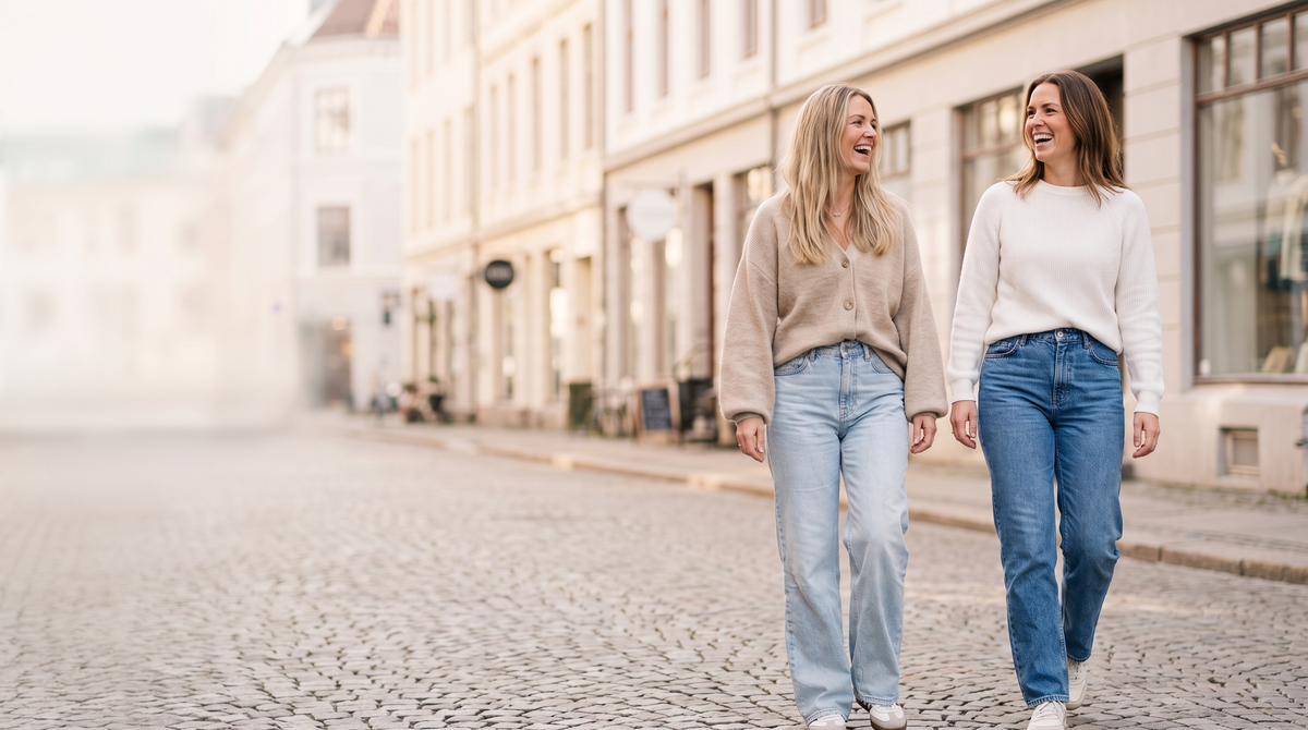 Two women walking in denim jeans on a bright Nordic street