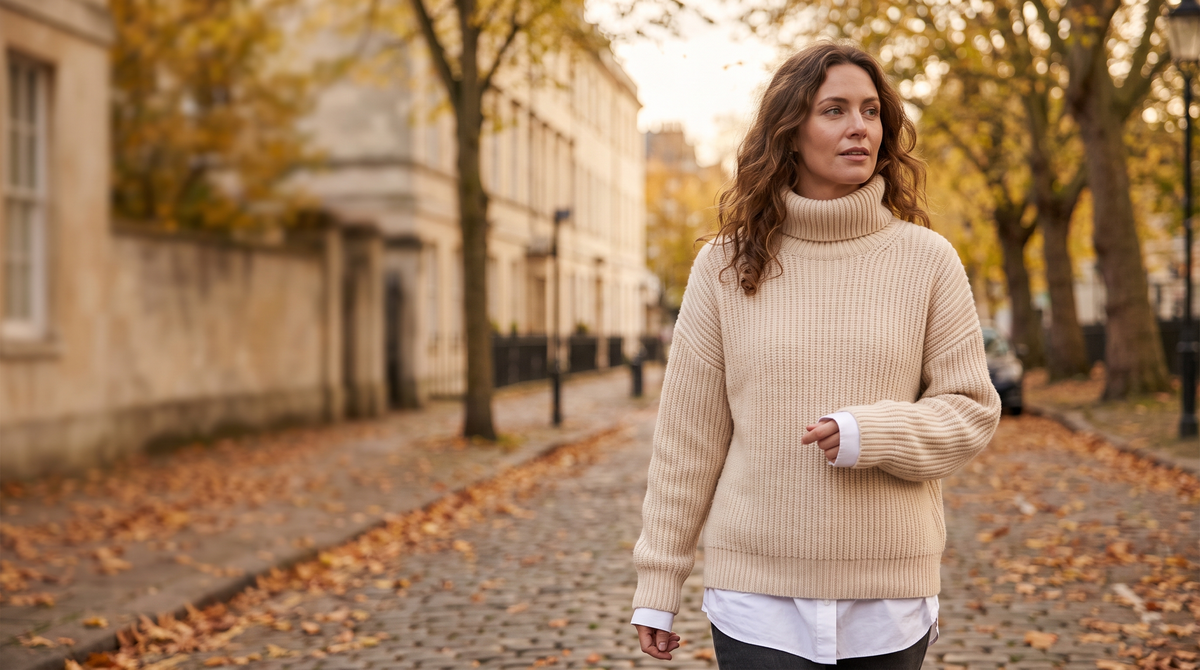 Woman in a cream ribbed knit jumper walking on a tree-lined Nordic street in autumn