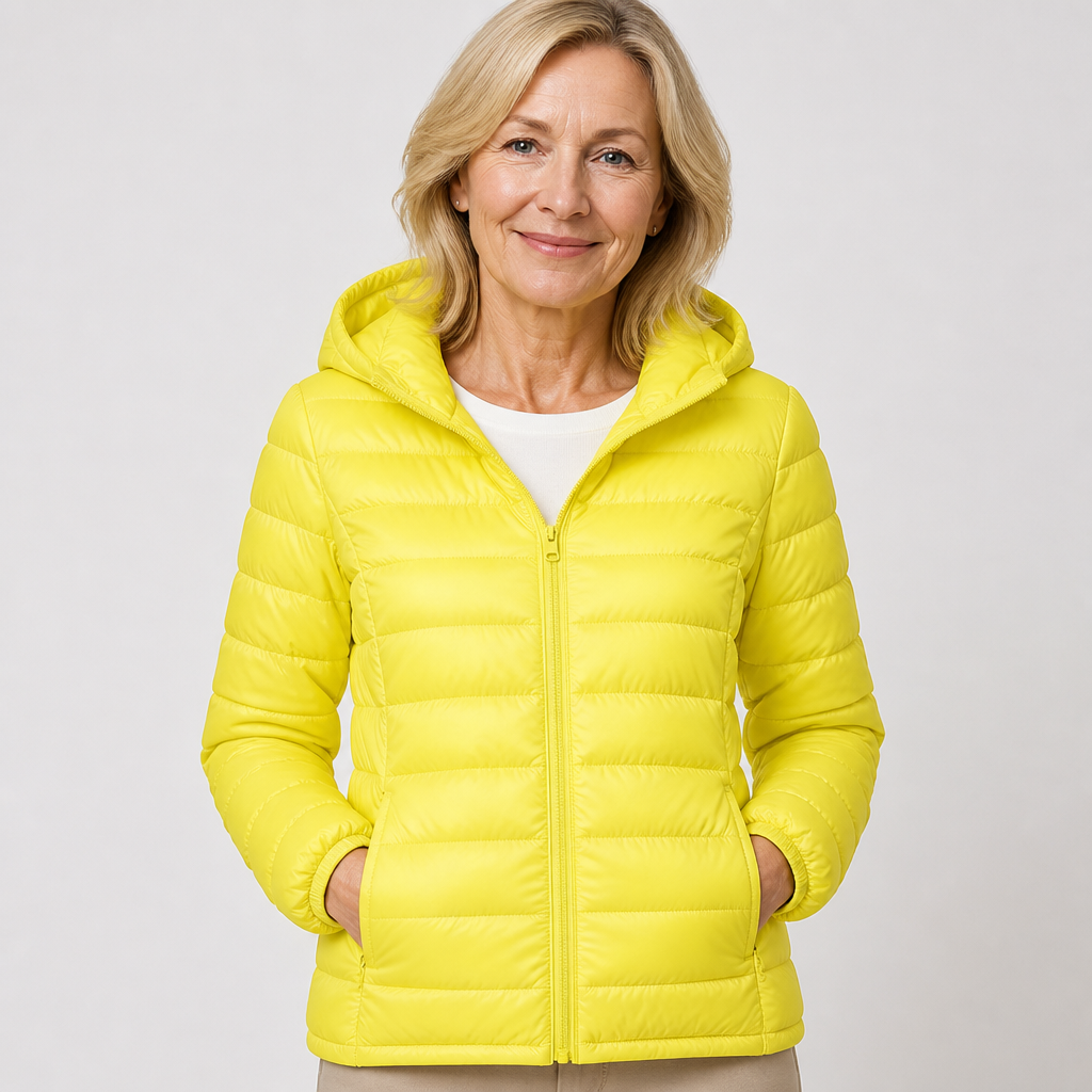 EMMA Ilona lightweight padded jacket in yellow, worn by a model